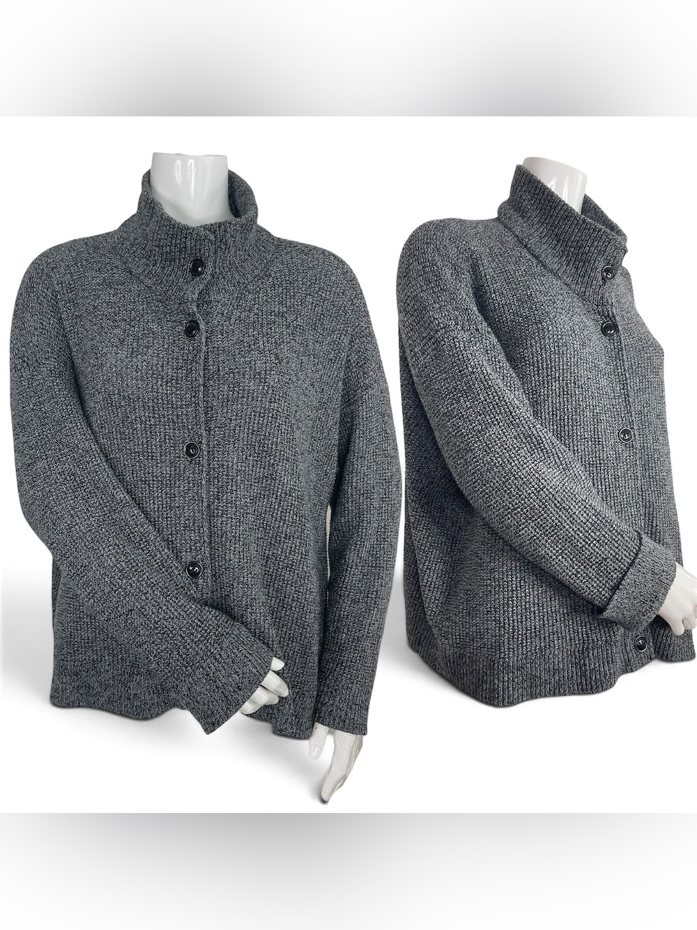 EILEEN FISHER Peruvian Organic Cotton High Collar Sweater Knit Cardigan Boxy L - Picture 7 of 11